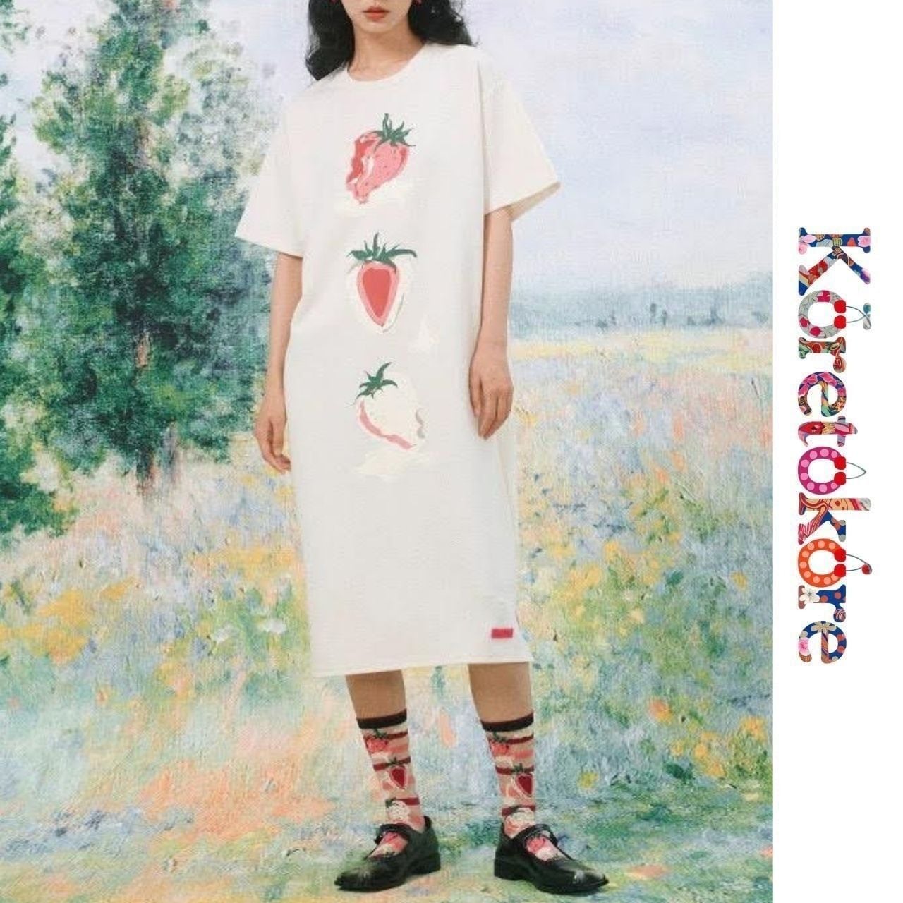 Strawberry Graphic tee Shirt Dress white A1168