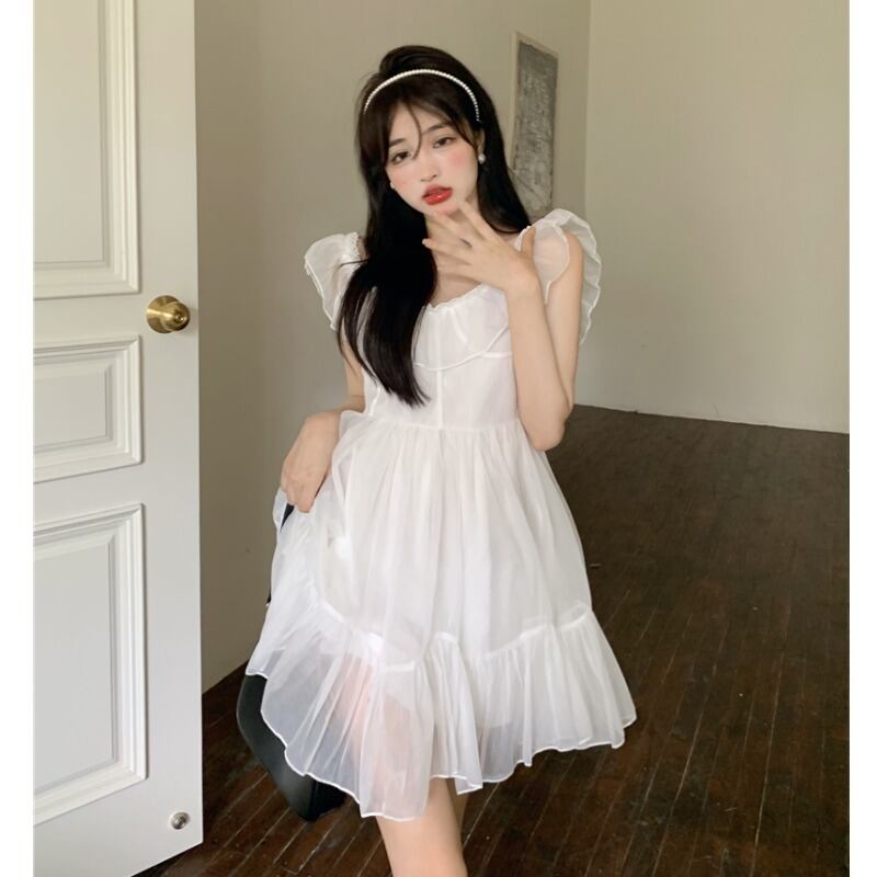 メッシュドレス サマーVネックホワイトラッフルスカート 夏物 YY-ファッション77313528290