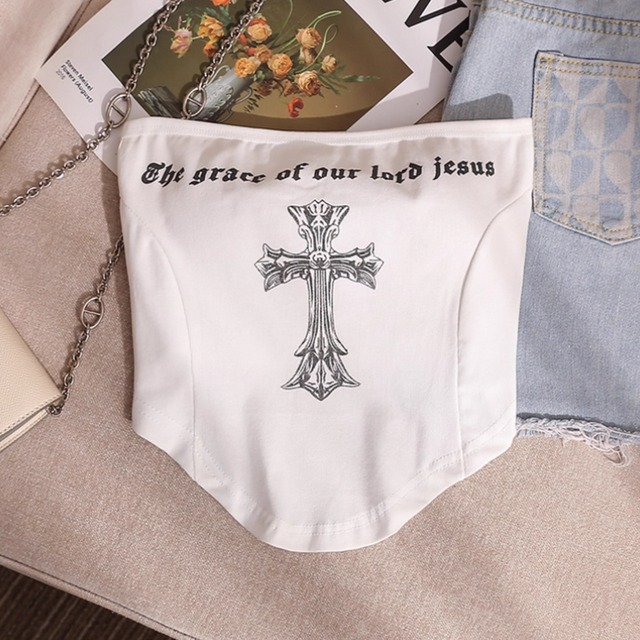 cross graphic print flared tube top la1914