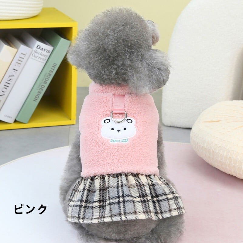 犬の服 ドレス・ワンピース もこもこ チェック柄 着ぐるみ