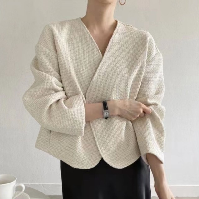 V-neck simple tweed jacket A967