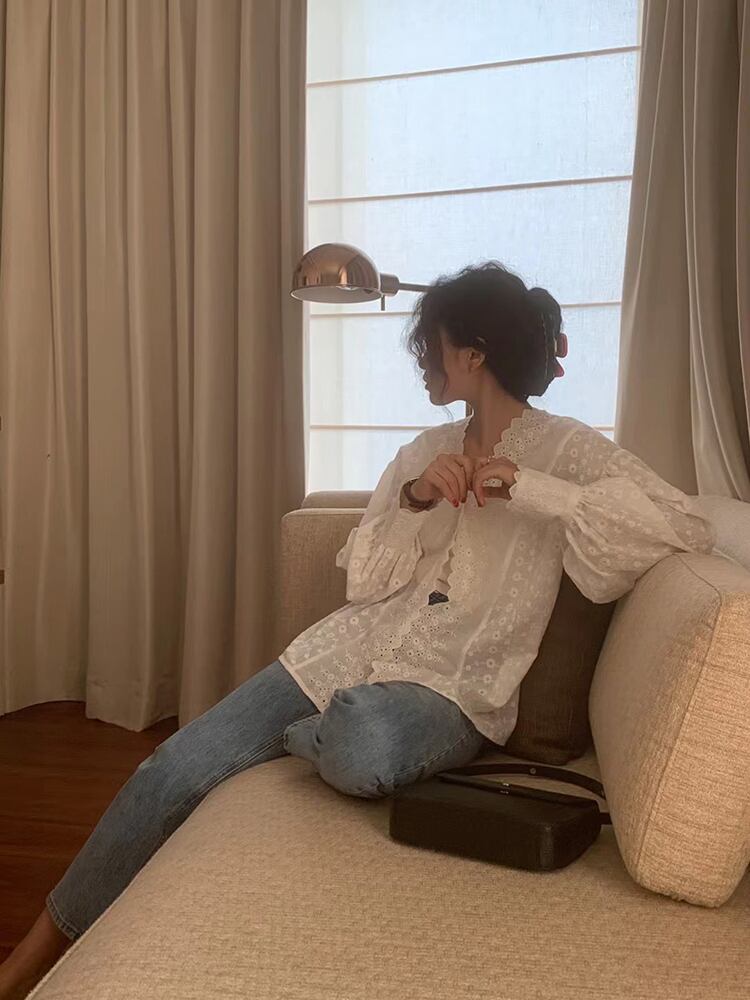 カーディガンオータム薄手ソリッド カラーブラウス ジャケット レッド ランタンスリーブ 刺繍 秋物 ソリッドカラー ビッグFスモールZ韓国3623767670