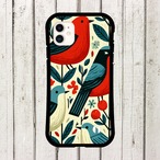 受注生産 iPhoneケース 赤い鳥と花の白背景フォーク柄｜鳥モチーフ FMSY086A