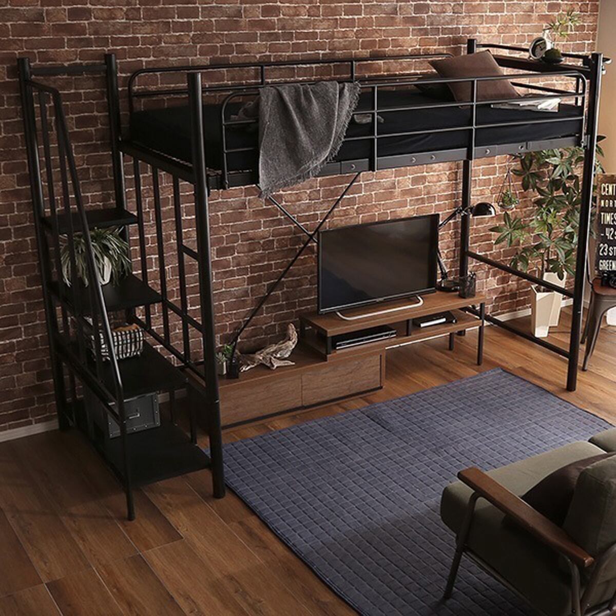 ヴィンテージロフトベッド パイプベッド 宮付き 階段付き 安心 安全 ベッドフレーム おしゃれ