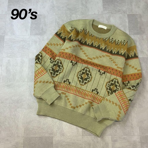 90‘s HEATH 総柄 幾何学 デザイン レトロニット セーター カーキ系