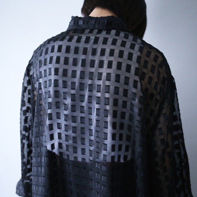 XXX over silhouette block pattern black see-through shirt