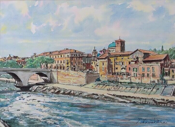 川勝茂弘「 ローマ・テレべ川」（イタリア） 水彩画 額縁外寸53.0x41