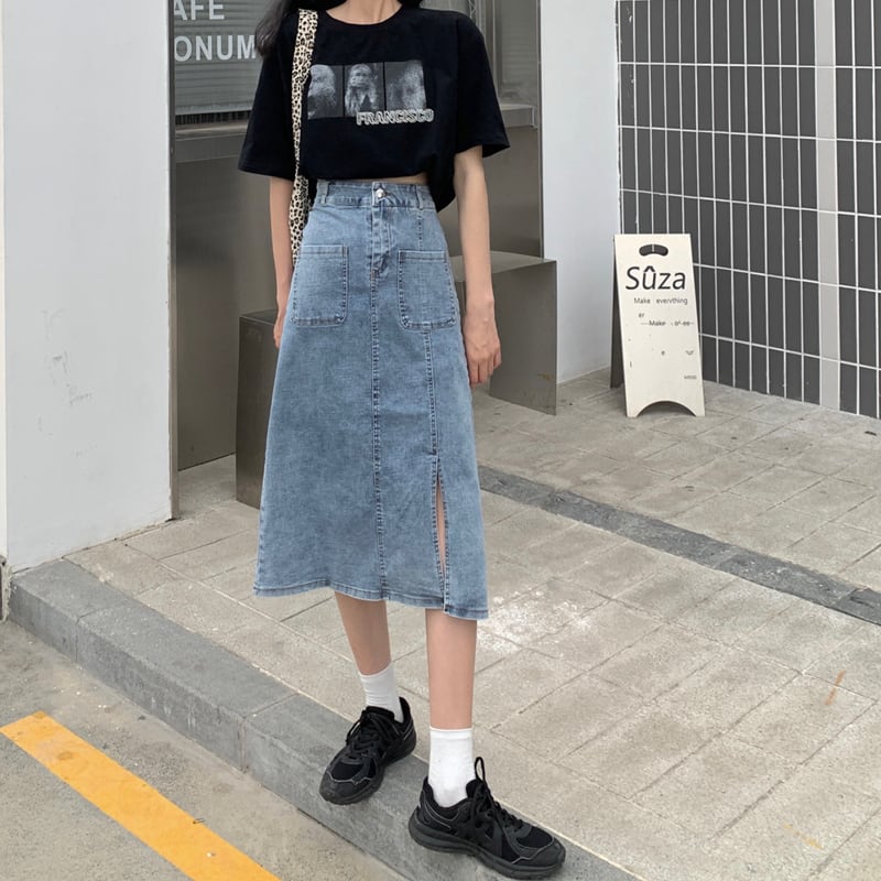 デニムスカート ボトムス デニム ミディ丈 カジュアル デイリー 大人可愛い 韓国ファッション Luluca 韓国 トレンドファッションluluca ルルカ