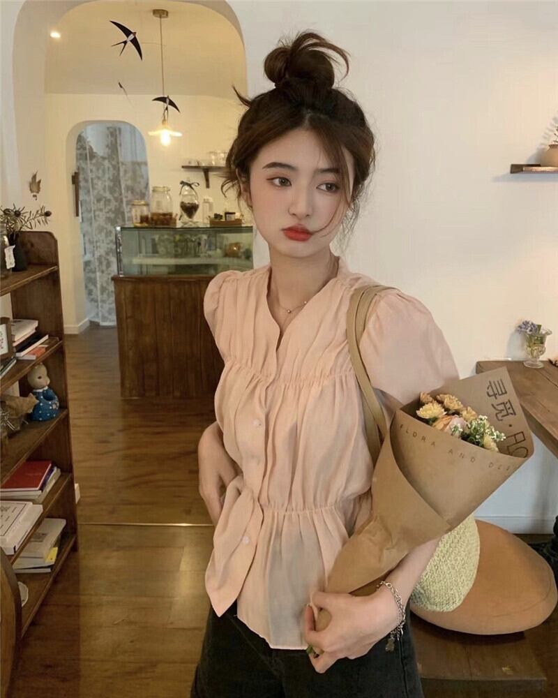 サマーウェストVネックスリーブシャツ ピンク 夏物 モンロー71943386044