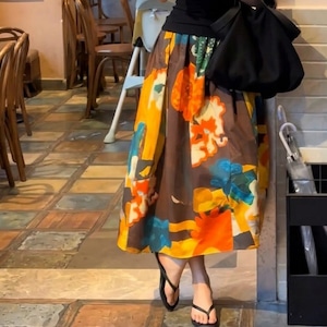 brown orange floral contrast midi skirt<sk3088>