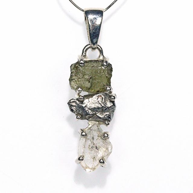 〔J367-15〕天然モルダバイト 鉄隕石 ハーキマーダイヤモンド sv925 ペンダントトップ meteorite