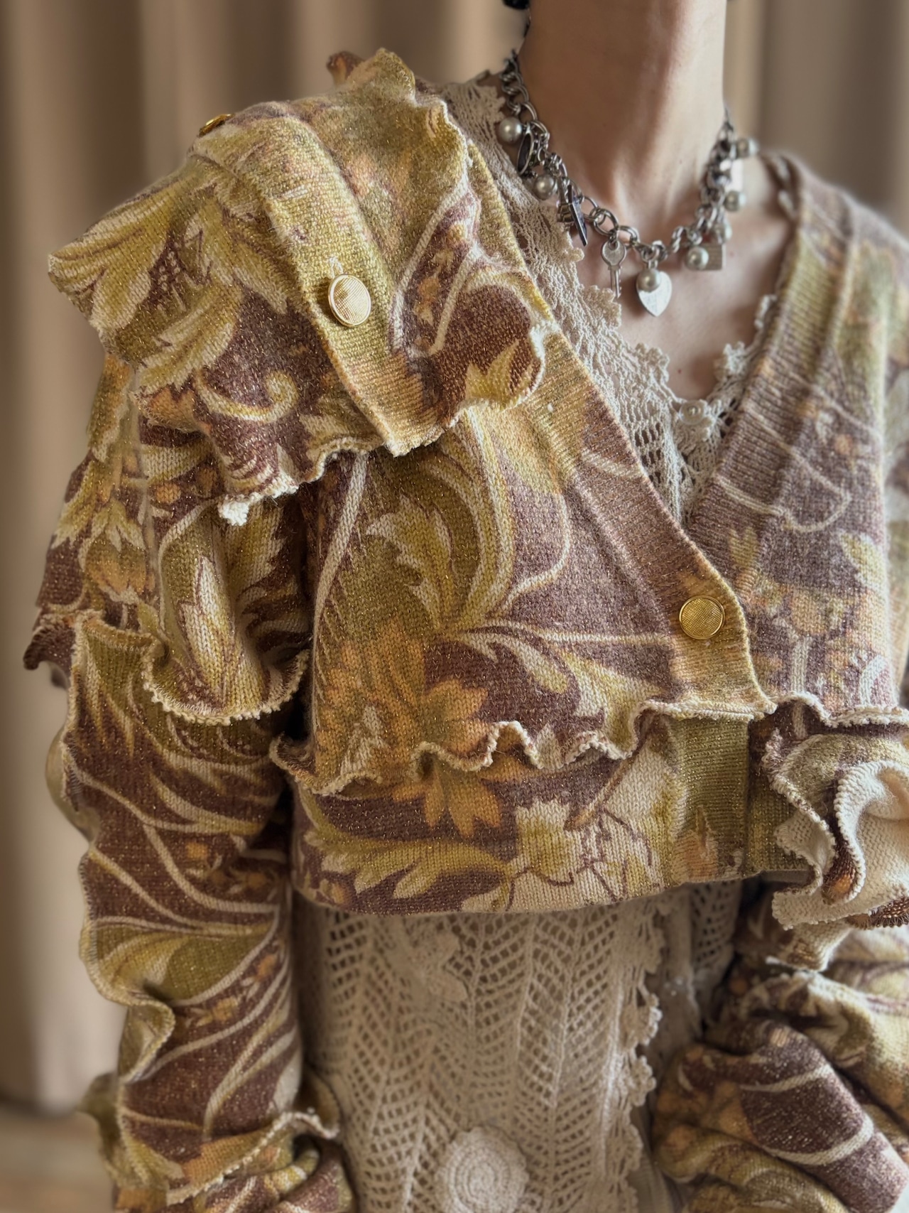 floral pattern frill remake knit cardigan-5152-2