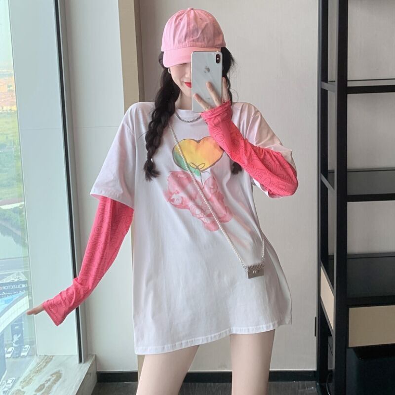 プリントルーズTシャツ トップス ロング シルク ステッチ ハンチェンe6547379119