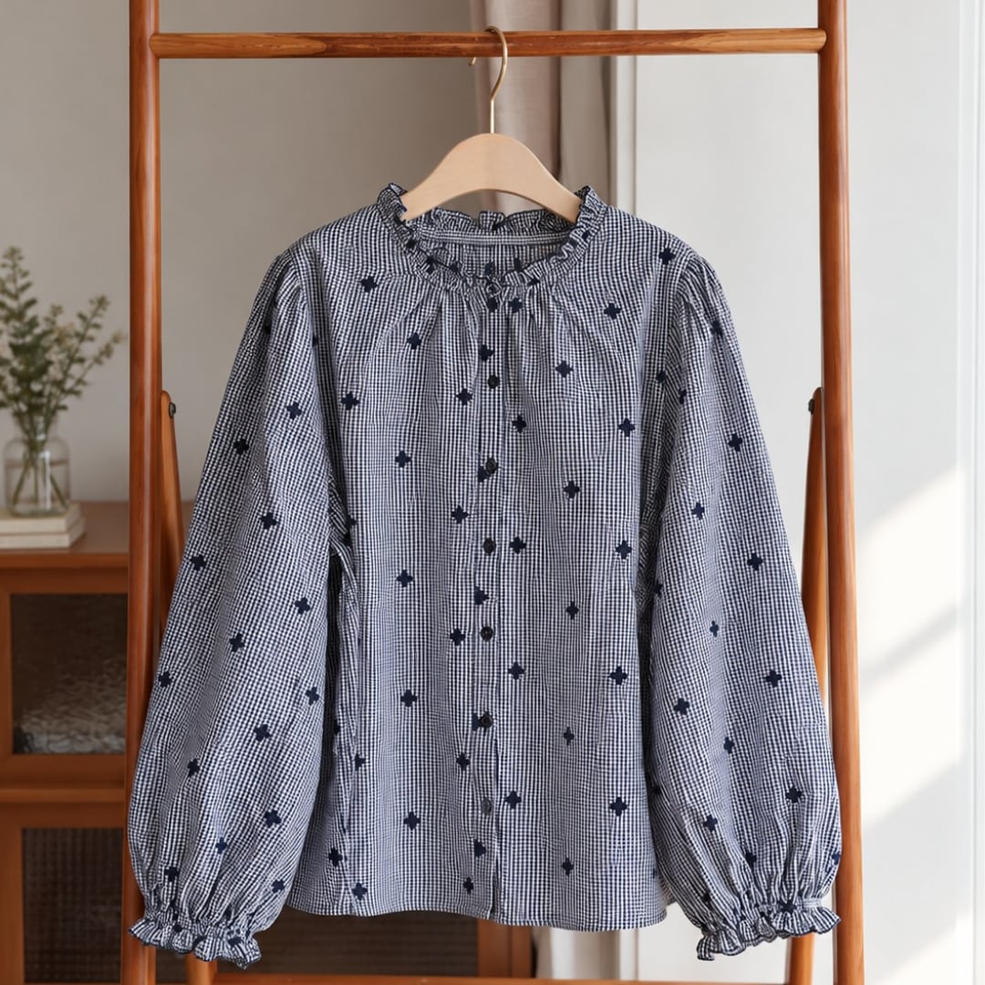 フリルカラースター刺繍ブラウス F4145