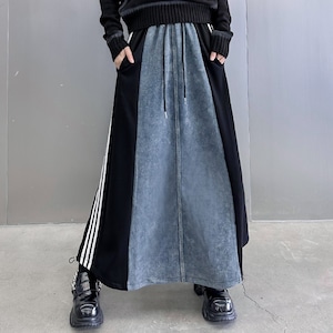 DENIM STITCH TRIPLE LINED DRAWSTRING WAIST A-LINE LONG SKIRT 2colors M-8073