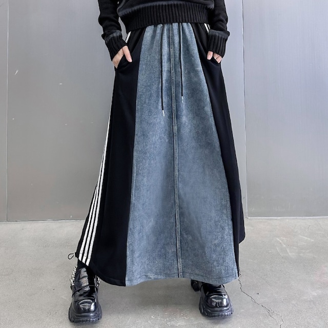 DENIM STITCH TRIPLE LINED DRAWSTRING WAIST A-LINE LONG SKIRT 2colors M-8073