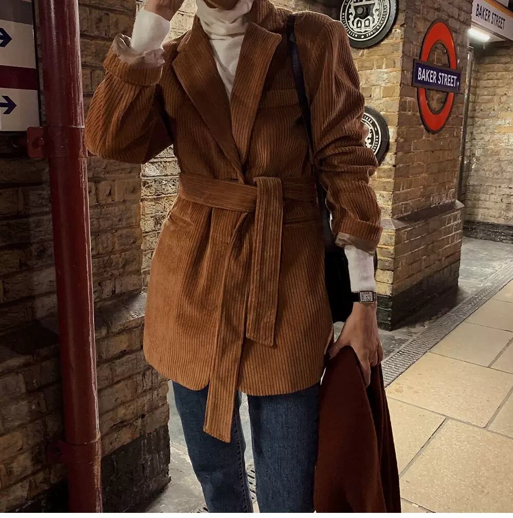 コーデュロイジャケット オーバーサイズ 華奢見せ効果 トップス レディース アウター コート ジャケット ベルト付き ライトアウター 大人 可愛い ビッグシルエット Ol 通勤 通学 カジュアル 長袖 モード トレンド おしゃれ 韓国 ママ 2274 Sayurio レディース