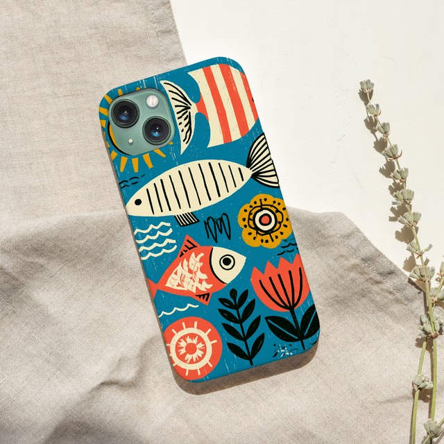 受注生産 iPhoneケース 魚と花のブルー民芸柄｜魚モチーフ FMSY090B