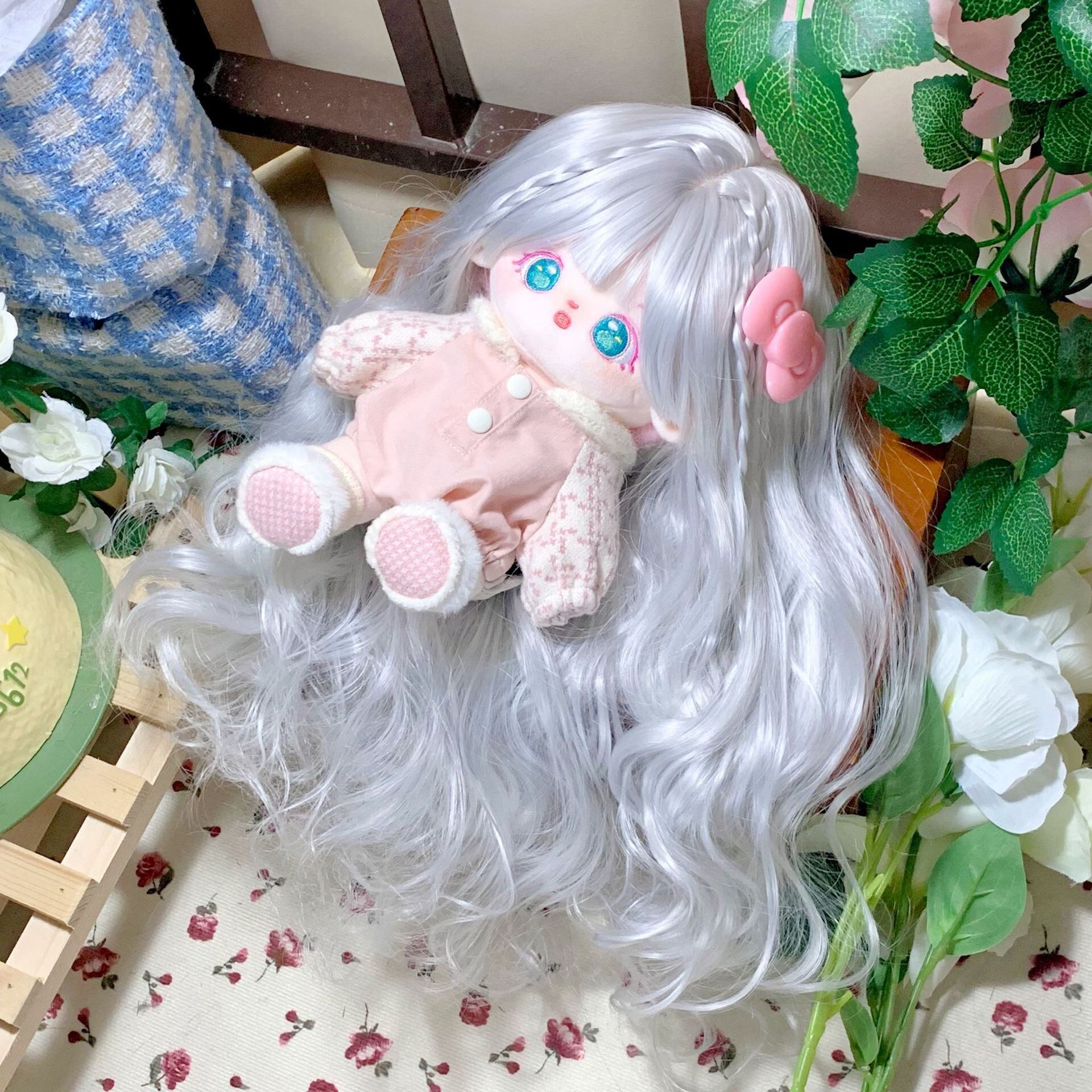 ぬいぐるみ グレー ピンク　20cm 20cm ぬいぐるみ用 ウィッグ 巻き髪 ロングヘア グレー 頭囲33〜36cm