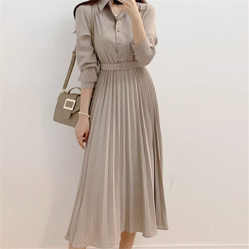 ドレス シャツドレス ロング ロング丈 袖あり 長袖 POLO襟 シャツ袖 Aライン プリーツ シフォン ベルト ハイウエスト かわいい 大人可愛い きれいめ シンプル 大人 上品 おしゃれ お洒落 大人可愛い ラブリー キュート ガーリー セクシー エレガント ナチュラル 上品 無地 20代 30代 40代 レディース デート 女子会 イベント レストラン 韓国 韓国系 オルチャン ファッション コーデ スタイル 二の腕カバー 春 秋 S M L ブラウン アプリコット