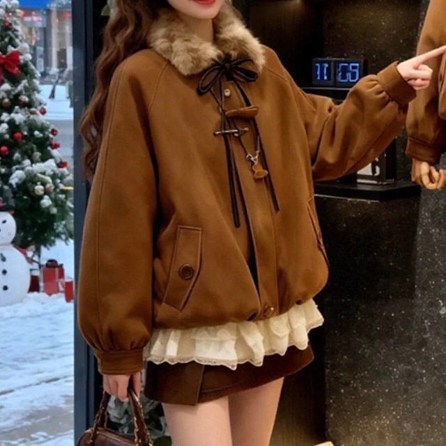 ガーリー♡ブラウス付きファー襟リボンコート　E1585