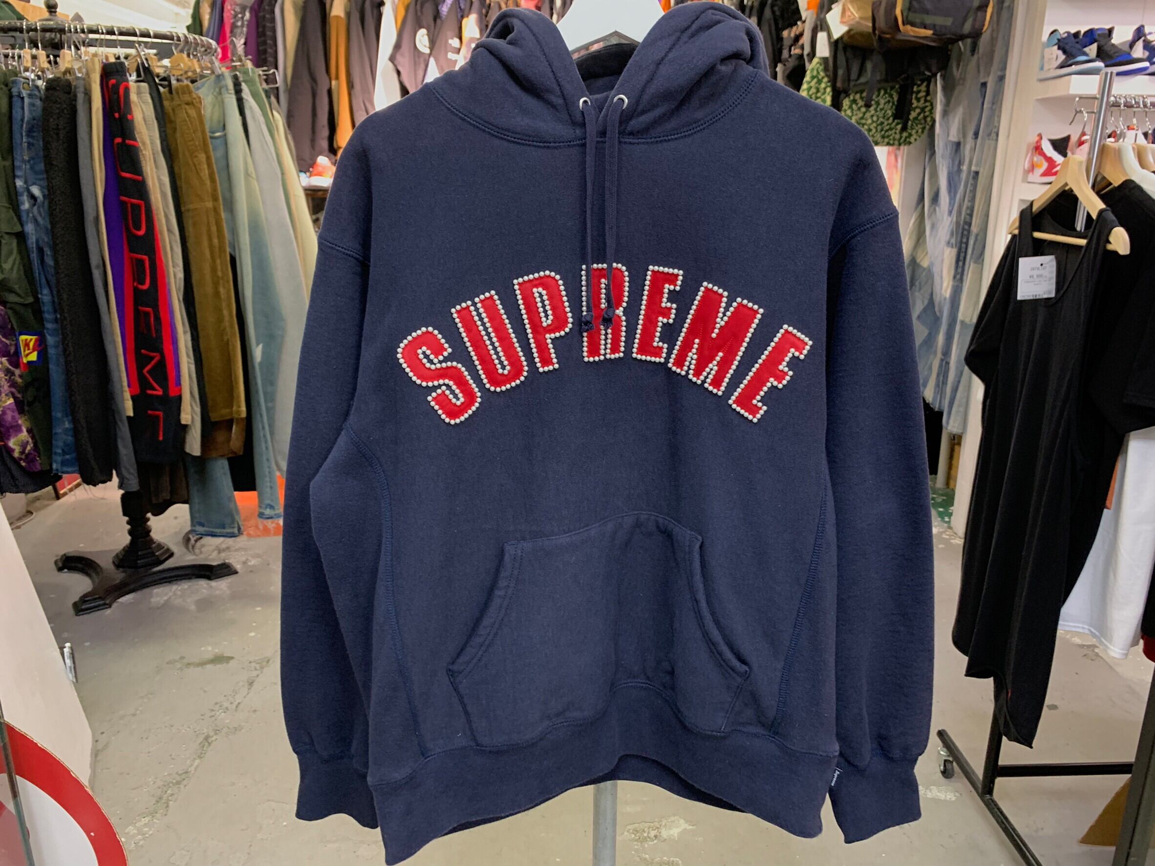 Supreme PEARL LOGO HOODED SWEATSHIRT NAVY SMALL 135521 | BRAND  