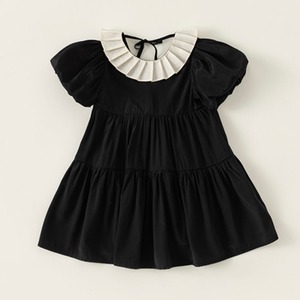 【80-140cm】プリーツ襟ティアード半袖ワンピース【050602】