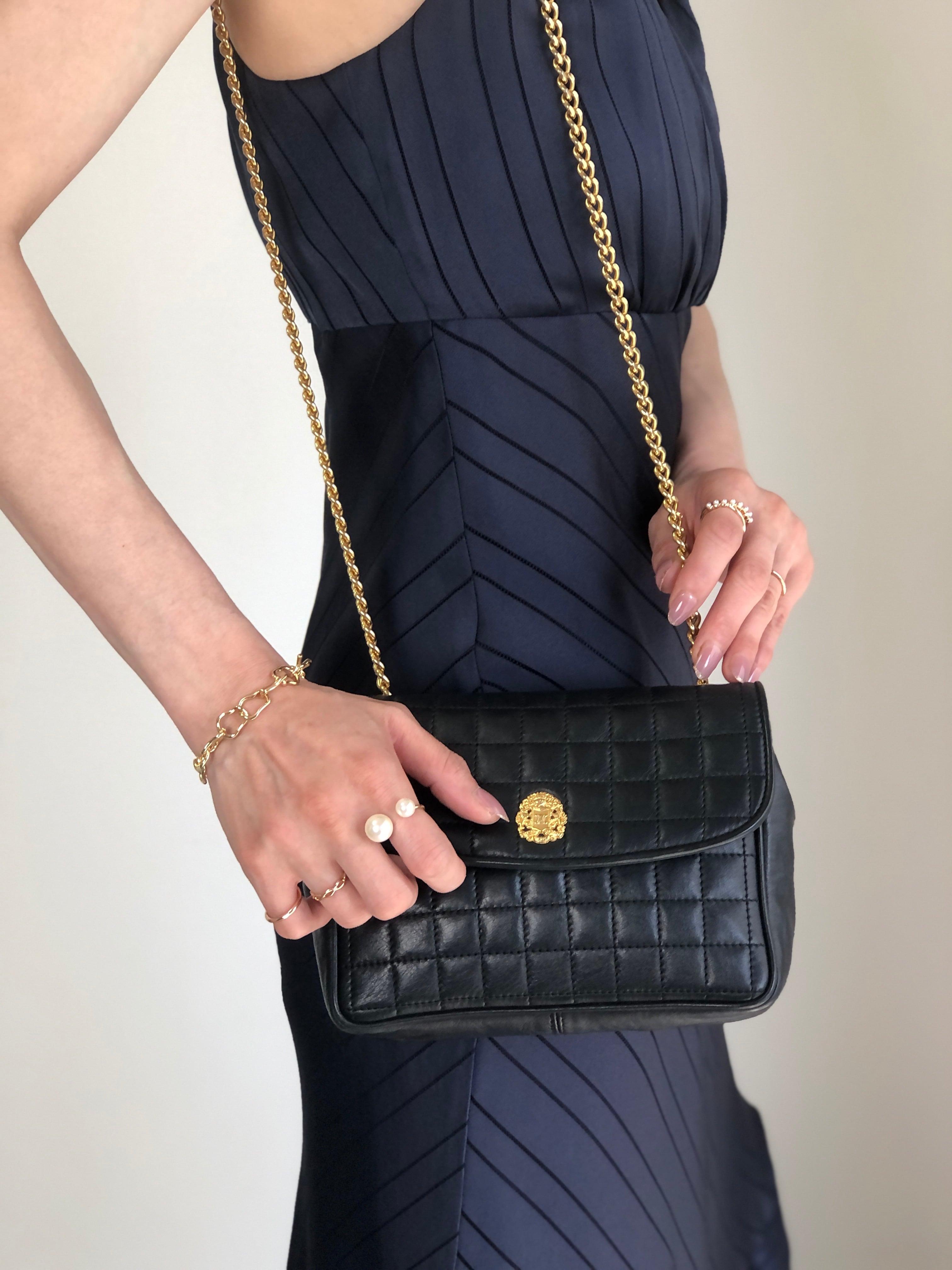 CELINE セリーヌ ショルダーバッグ ブラック エンブレム レザー キルティング チェーン vintage ヴィンテージ オールド 3nk43u