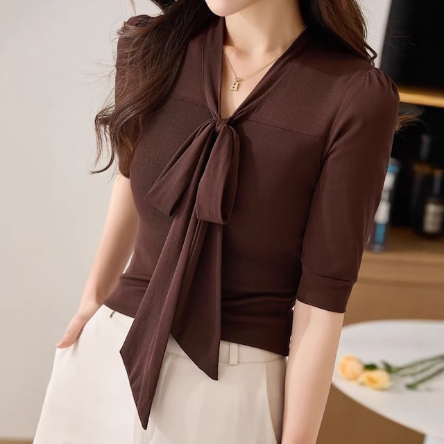V neck elegant chest tie slim knit ( 3color )