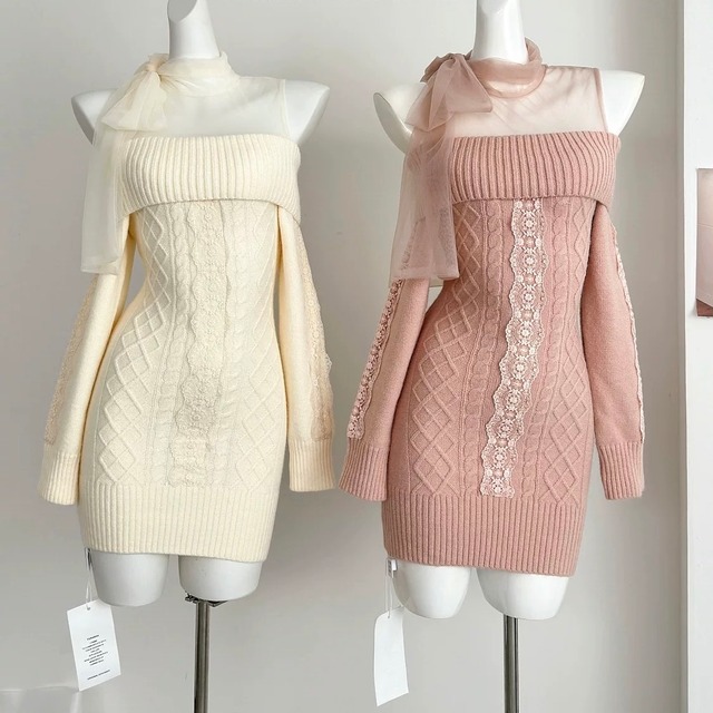 2色 Tulle docking knit onepiece