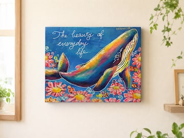 虹色の空を飛ぶクジラ（ラメ入り）【アクリル画】原画・イラスト・幻想