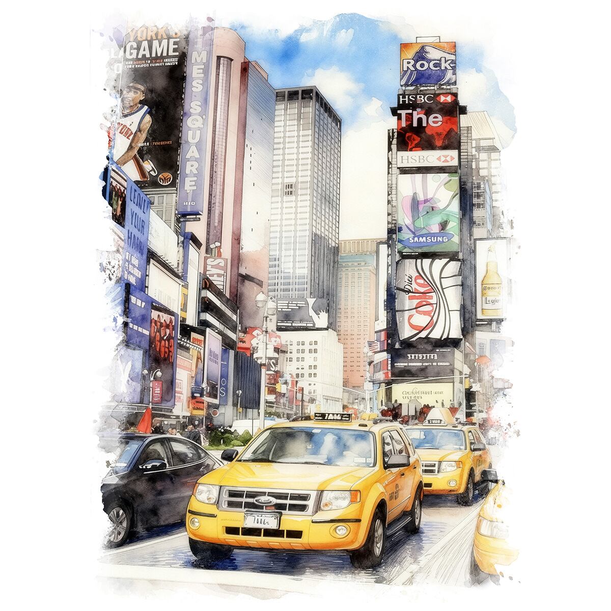 絵画 風景画(街並み) アメリカ ニューヨークタイムズスクエア インテリアアート額付き 水彩画・油絵風 WAT1152