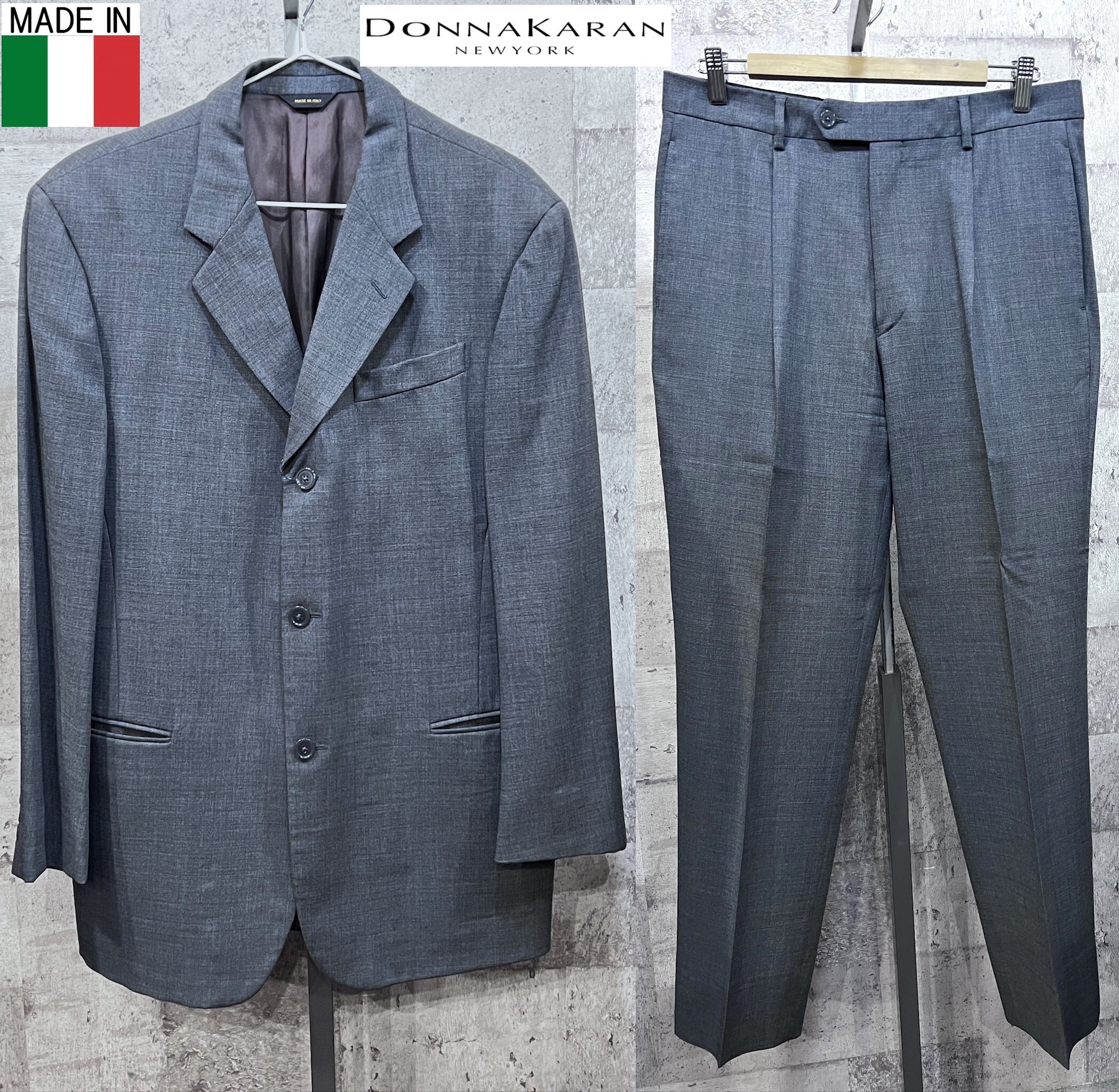 38【美品】DKNY ダナキャラン 最高級 シルク グレーストライプスーツ