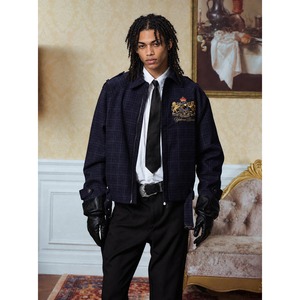 【DRIP6889】YAD CREW Royal Lion Crest Embroidery Check Zip-Up Jacket with Belt