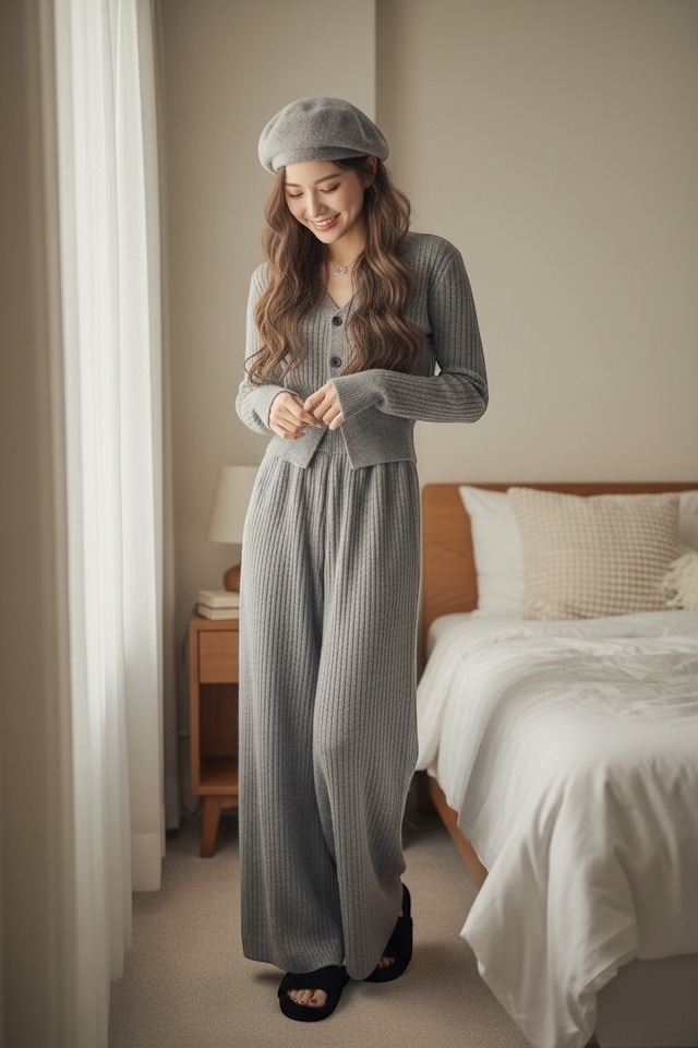 Vネックカーディガン×フレアニットパンツ