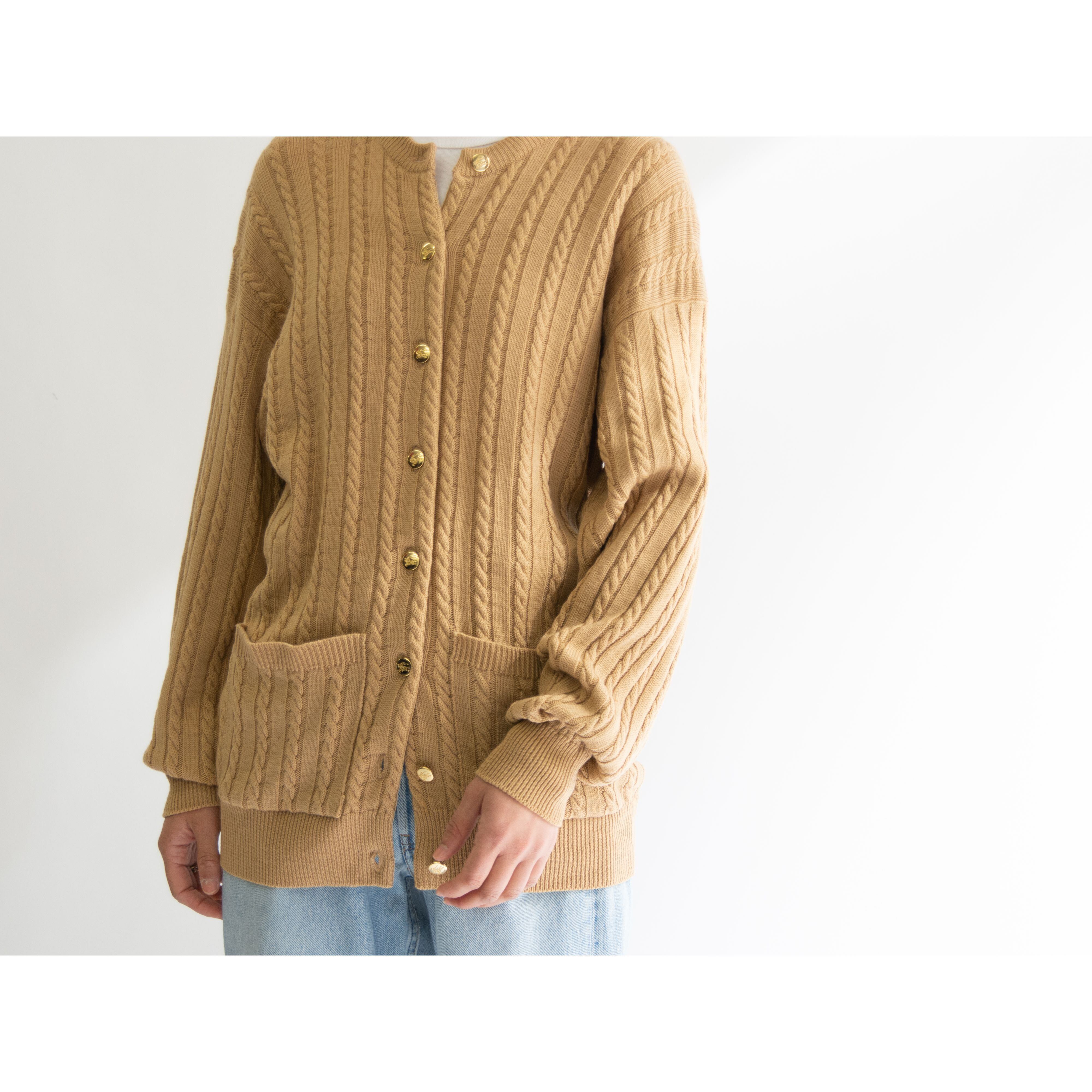 【Burberrys】Made in England 80-90s 100% Merino Wool Cable Knit Cardigan（バーバリーズ 英国製 メリノウール ケーブルニットカーディガン）