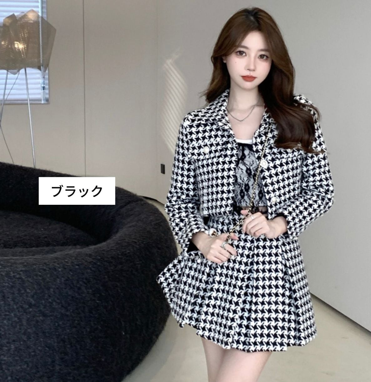 韓国っぽ 大人女子♪ 千鳥チェック セットアップ 2点セット ジャケット プリーツ スカート オシャレ こなれ感 デート 女子会 | lamitte deco トレンド 韓国ファッション ショップ BASE店 powered by BASE