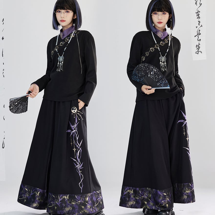 サブカル系 中華風 レイヤード 刺繍入り パンツ ユニセックス 卿棠