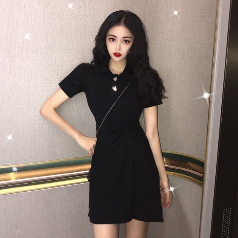 ポロカラー半袖ドレス女性2020年新夏ウエストスリミングAラインスカートスリムリトルブラックドレス 1号婦人96496946350