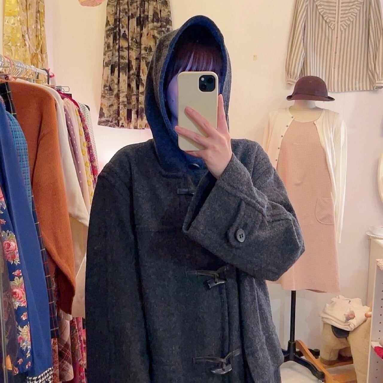 gray big duffle coat