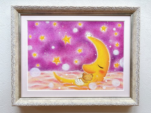 【お月さんとくまちゃん】 原画  癒される絵 可愛い カラフル 癒し ヒーリングアート パステル画 ホスピタルアート