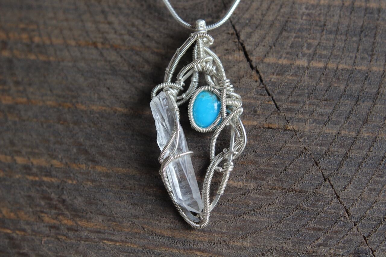 Turquoise & Crystal point silver925 wire wrapping pendant