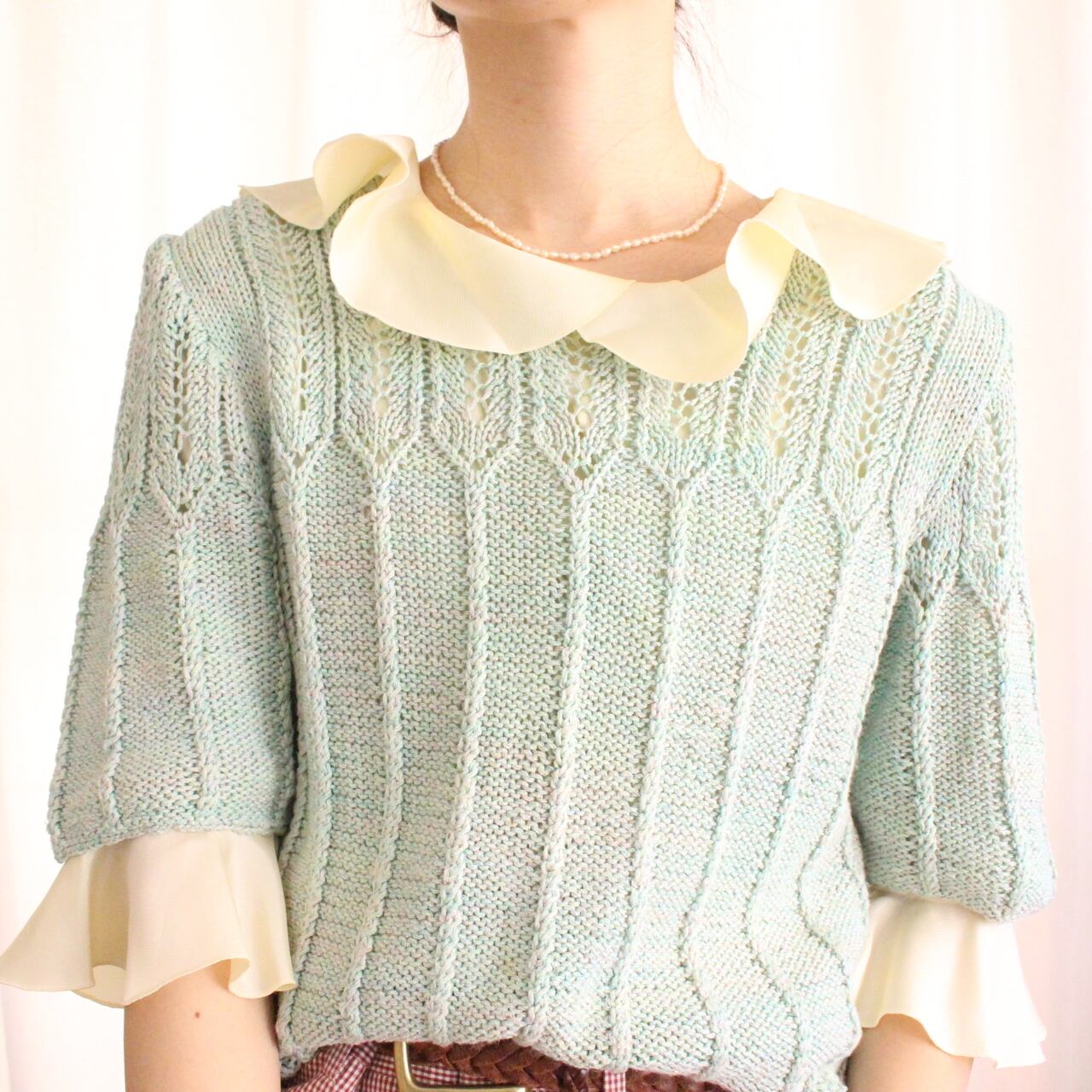 ハンドニット 半袖 ミントグリーン【1098】