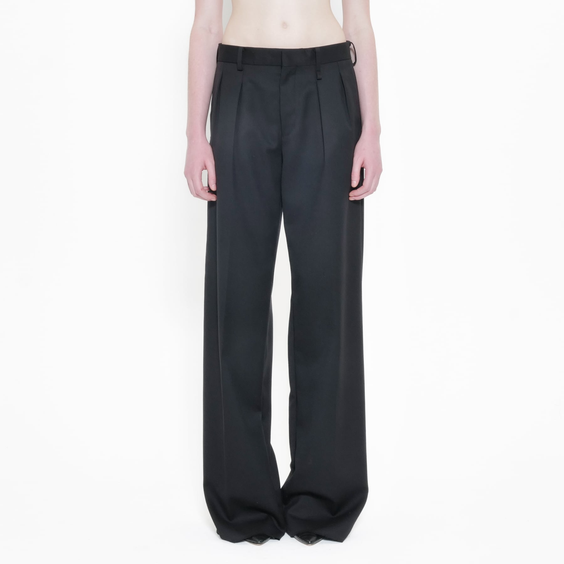 Black Gabardine Wool Loose Tailored Trousers