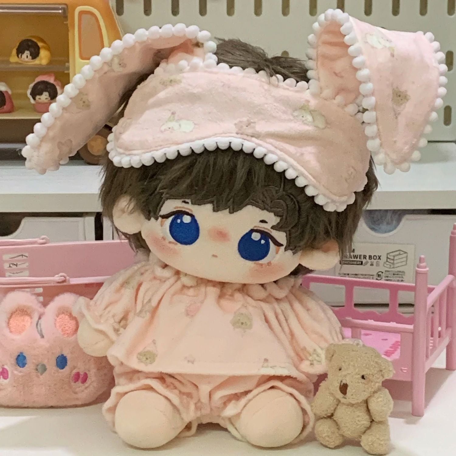 20cmぬいぐるみ用 パジャマ アニマル トップス+パンツ+うさ耳アイ
