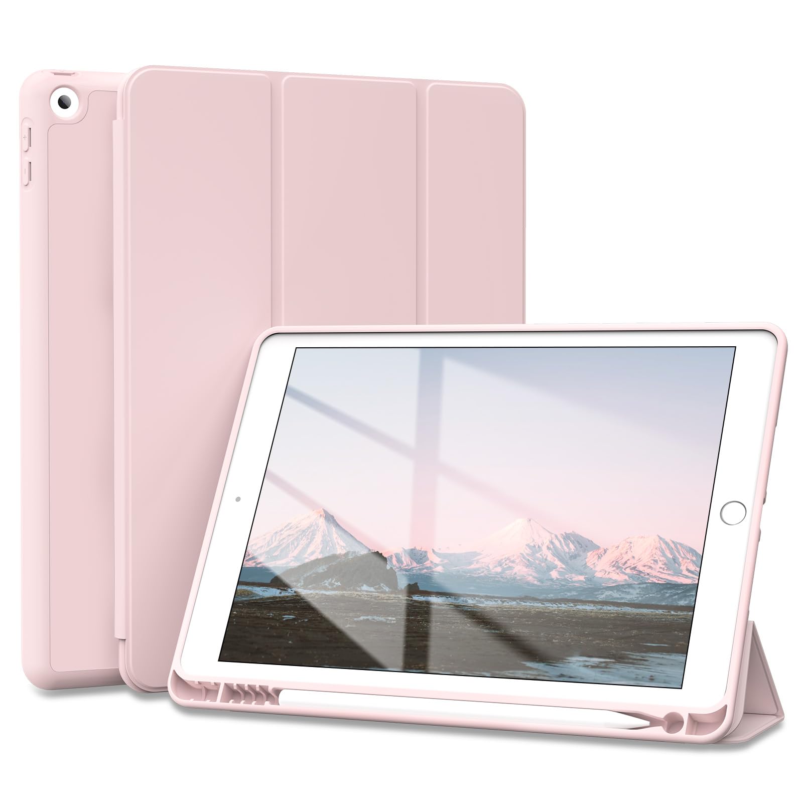 BQDIYOO iPad 第9/8/7世代 (2021/2020/2019) 10.2インチ 対応 ソフトシリコンケース 三つ折りスタンド & ペンホルダー付き 耐震ショック吸収 防摔 オートスリープ対応, ピンク