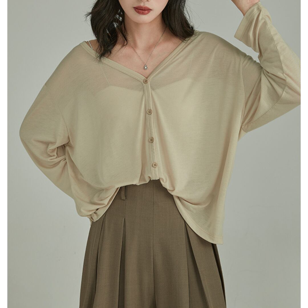 khaki v kneck long sleeved knit cardigan