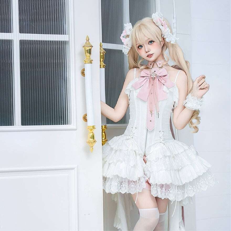 ロリータファッション 白薔薇リボンレースフリルOPセット | ロリィタ
