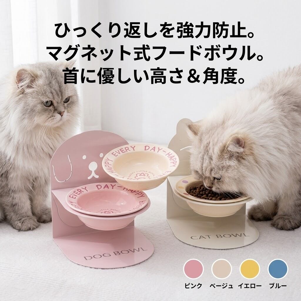マグネット吸着/転倒防止】ペット用 フードボウルスタンド 陶器