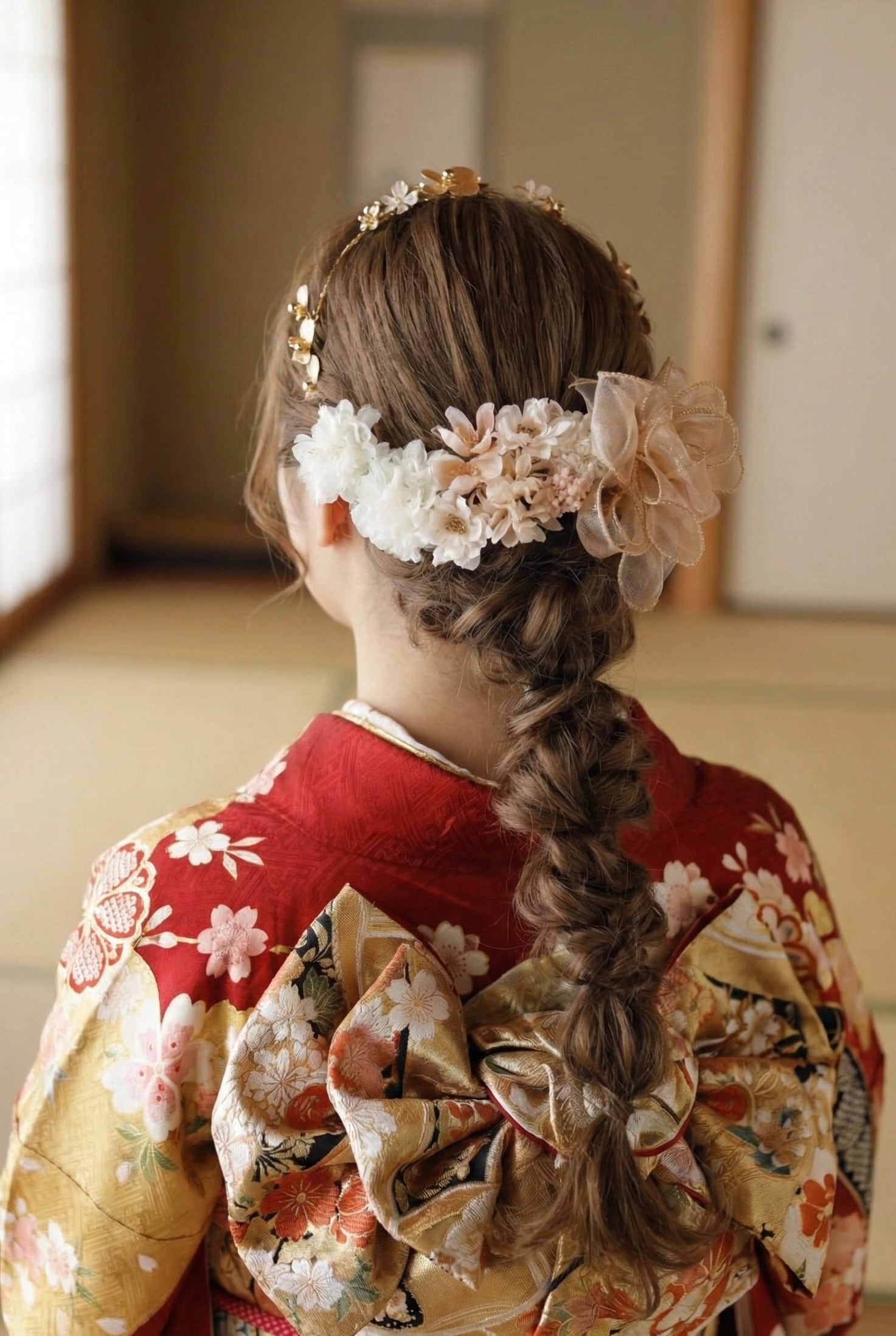 真鍮フラワーカチューシャ髪飾り くすみピンク 成人式 卒業式 結婚式